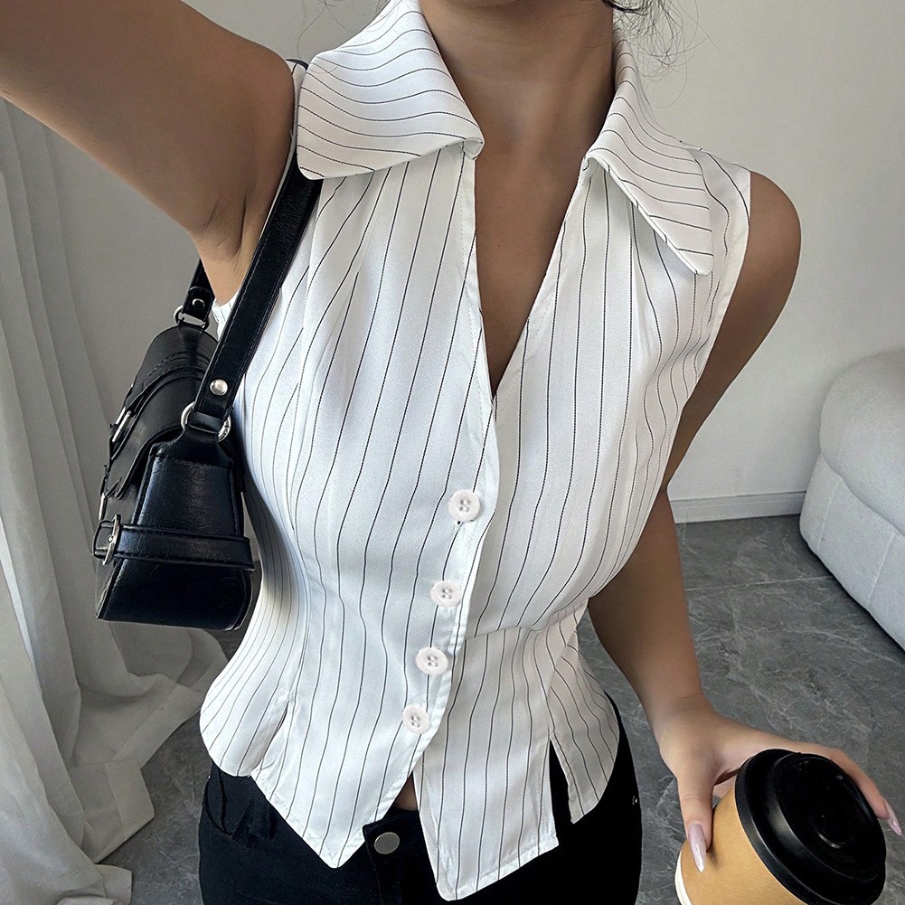 Fashion Women's Casual Striped Shirt Sleeveless V Neck Spring Wear - Picture 18 of 39