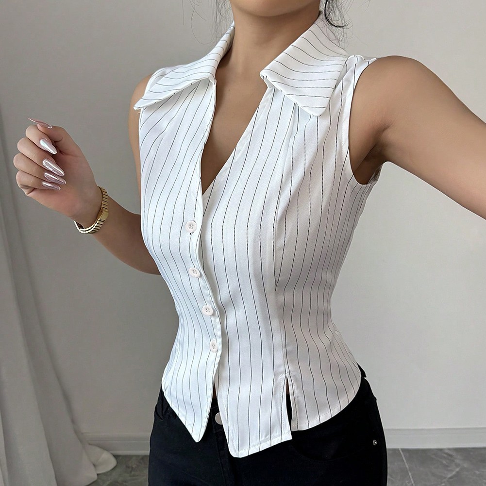 Fashion Women's Casual Striped Shirt Sleeveless V Neck Spring Wear - Picture 16 of 39