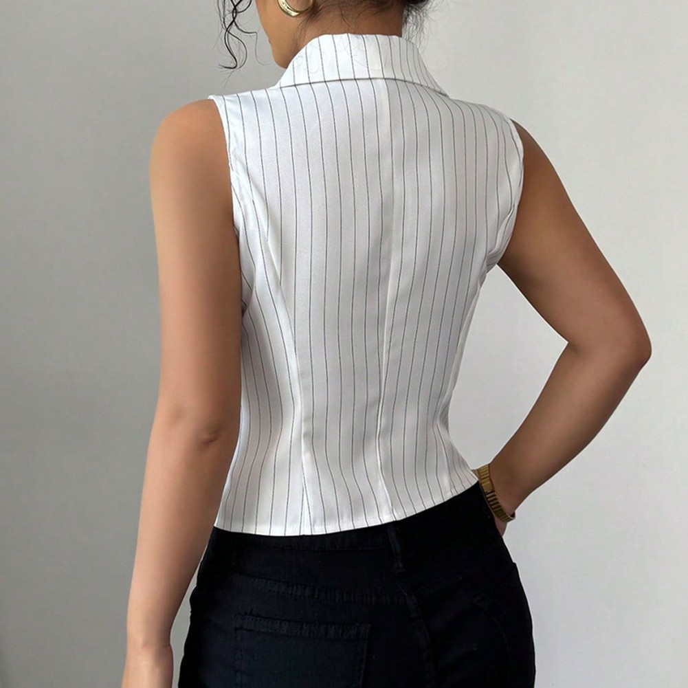 Fashion Women's Casual Striped Shirt Sleeveless V Neck Spring Wear - Picture 13 of 39