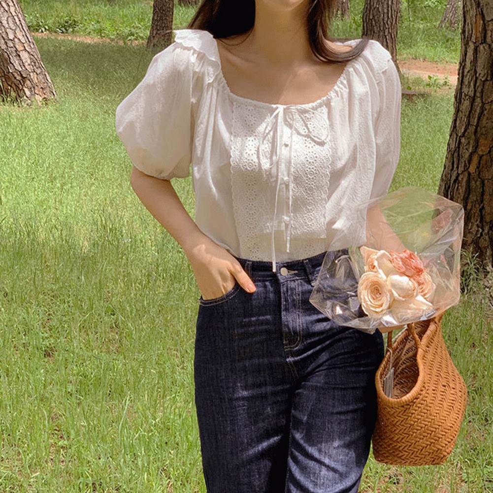 Short Sleeved Shirt Bubble Sleeve Top Casual Daily Wear Moderate Elasticity - Picture 13 of 17