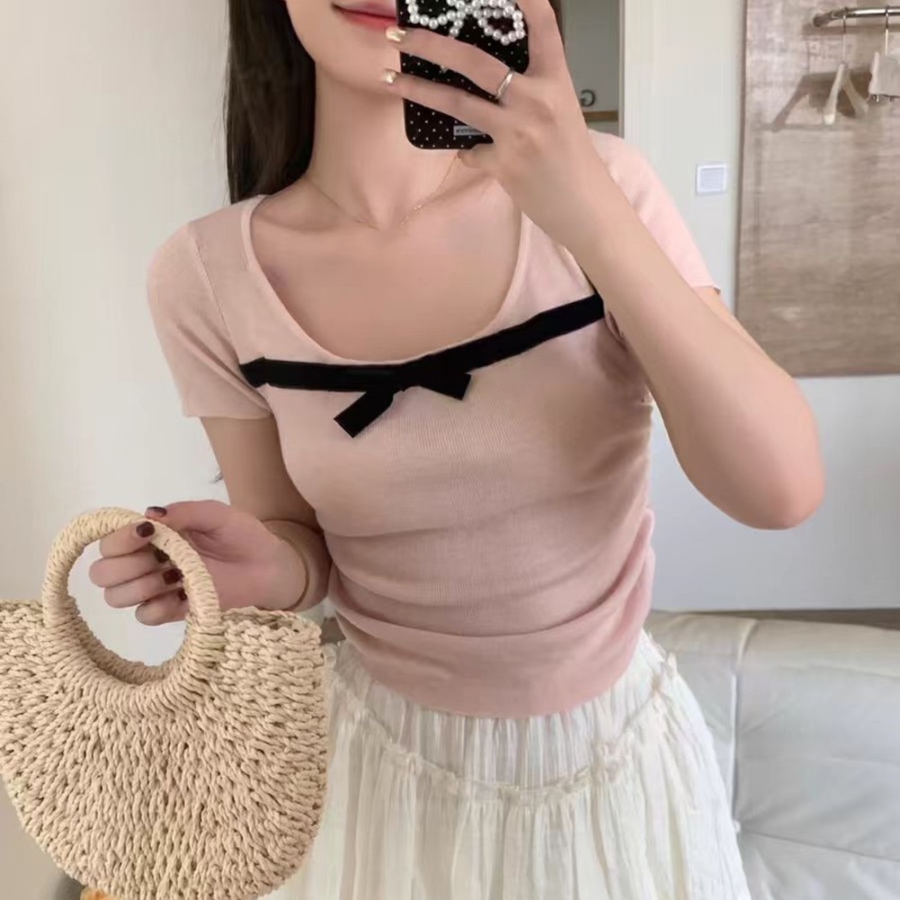 Trendy Retro Gyaru Women Bow Detail Short Sleeve T Shirt for Casual Wear - Picture 15 of 17