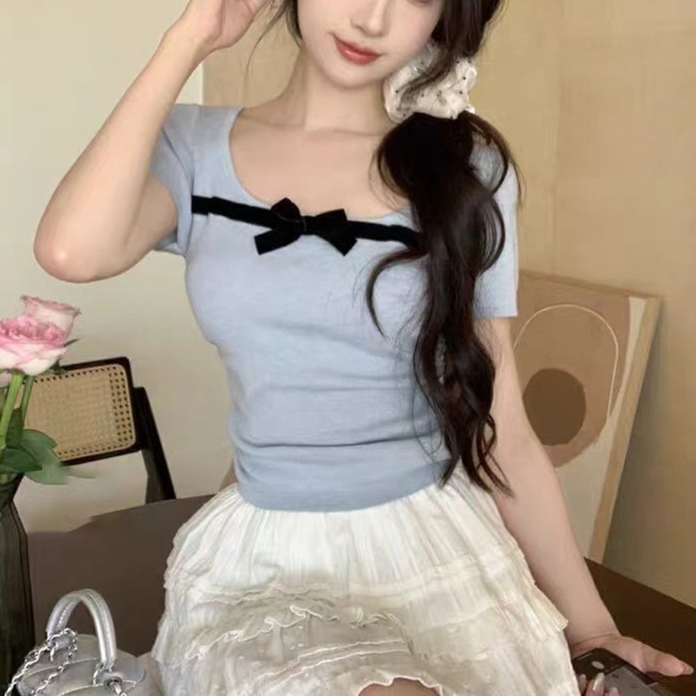 Trendy Retro Gyaru Women Bow Detail Short Sleeve T Shirt for Casual Wear - Picture 17 of 17