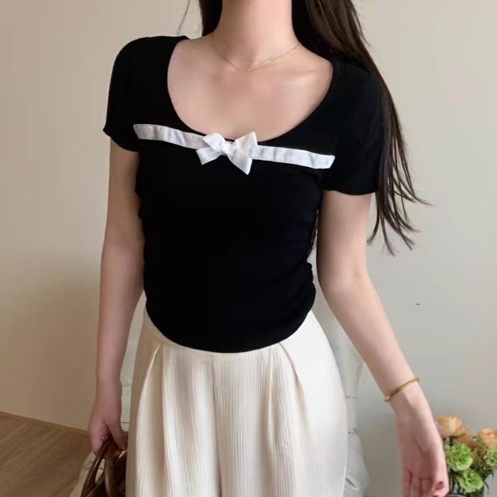 Trendy Retro Gyaru Women Bow Detail Short Sleeve T Shirt for Casual Wear - Picture 13 of 17