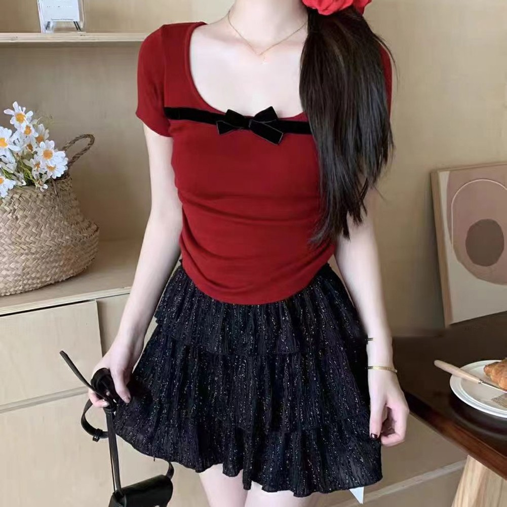 Trendy Retro Gyaru Women Bow Detail Short Sleeve T Shirt for Casual Wear - Picture 16 of 17
