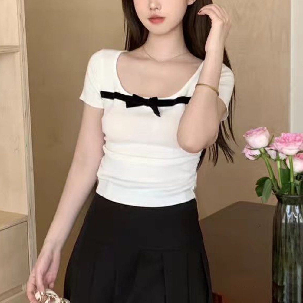Trendy Retro Gyaru Women Bow Detail Short Sleeve T Shirt for Casual Wear - Picture 14 of 17