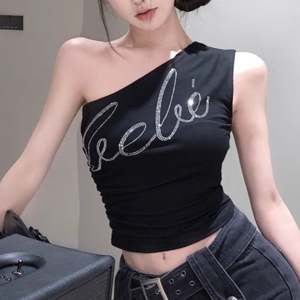 Stylish Rhinestone Off Shoulder Top for Women Retro Gyaru Slim Fit Camisole - Picture 8 of 12