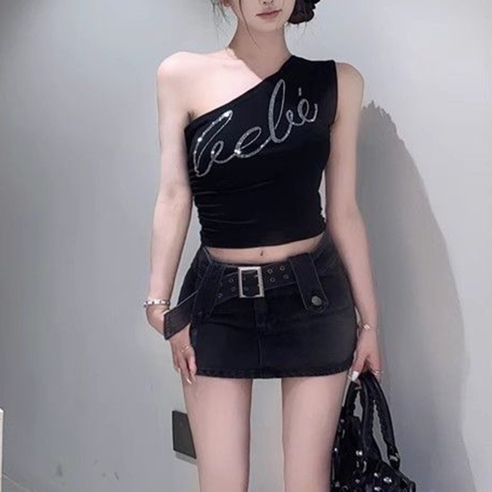 Stylish Rhinestone Off Shoulder Top for Women Retro Gyaru Slim Fit Camisole - Picture 12 of 12