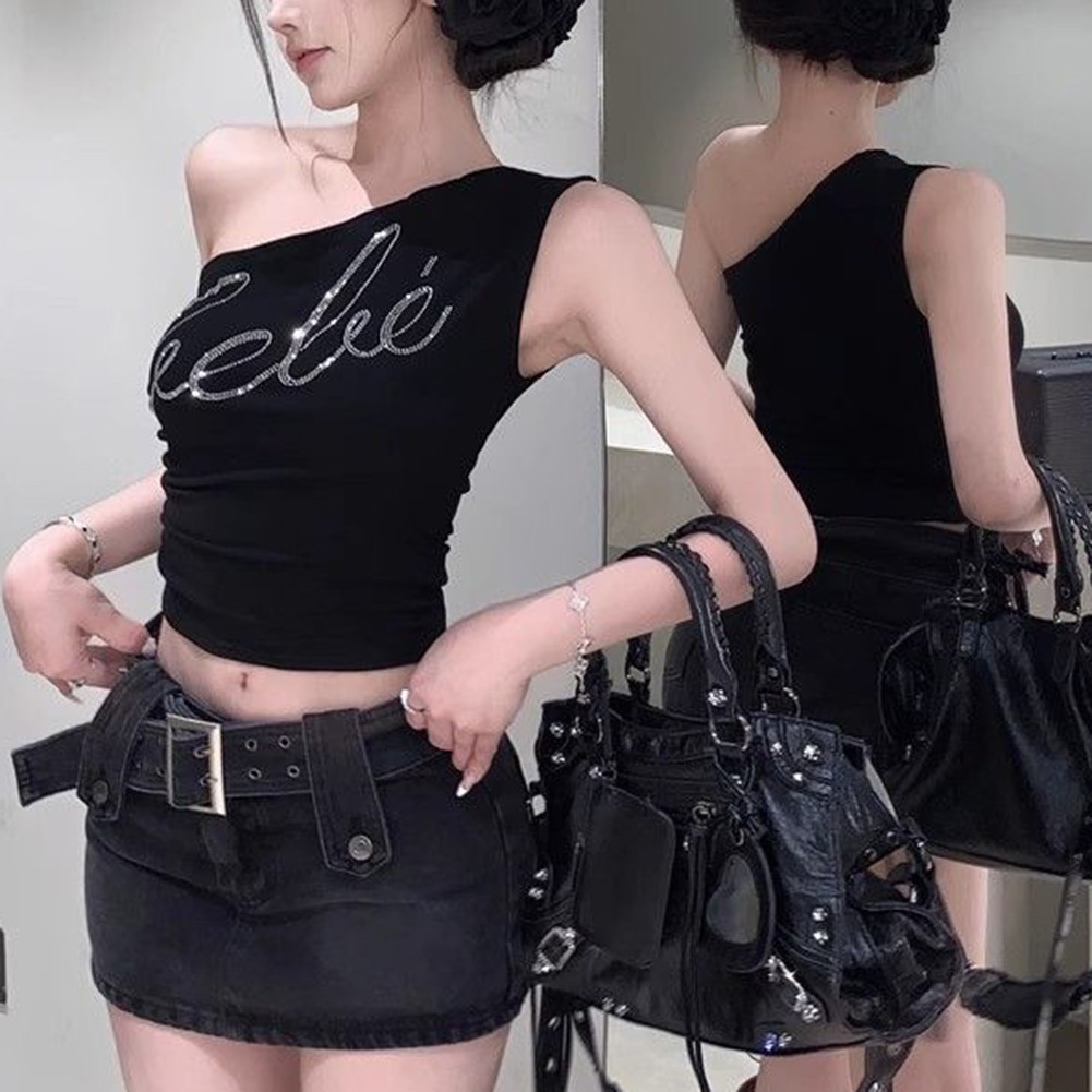 Stylish Rhinestone Off Shoulder Top for Women Retro Gyaru Slim Fit Camisole - Picture 11 of 12