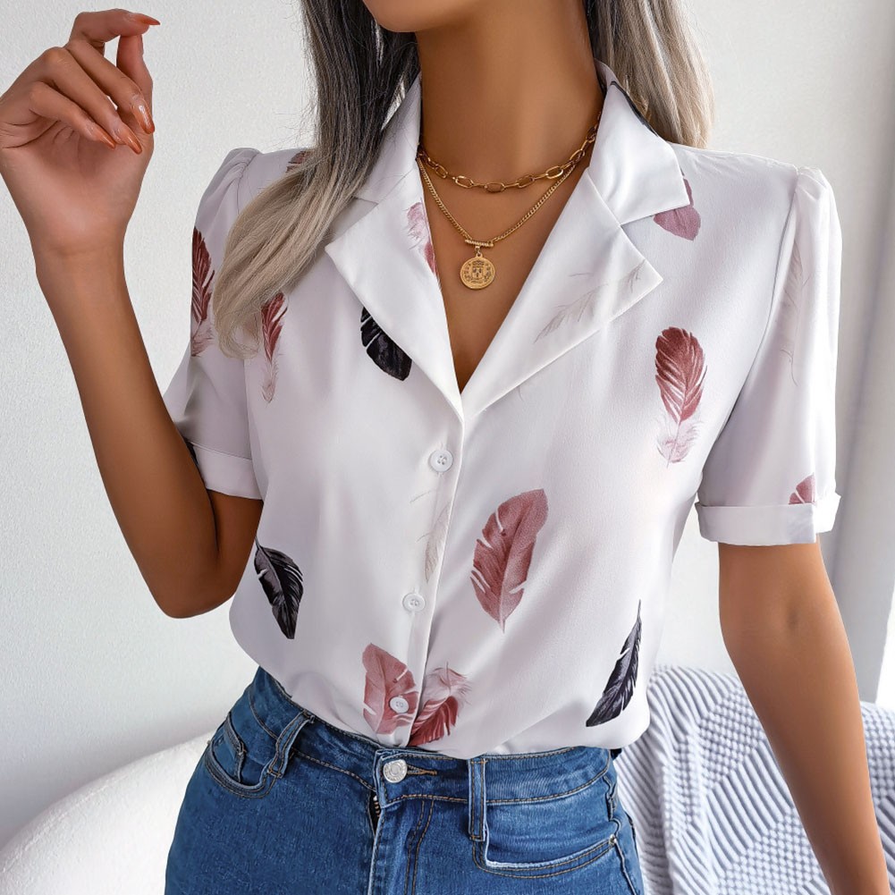 Casual Spring and Summer Shirt for Women with Elegant Feathered Collar - Picture 32 of 58