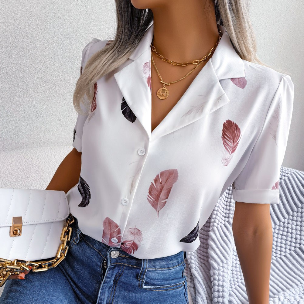 Casual Spring and Summer Shirt for Women with Elegant Feathered Collar - Picture 34 of 58
