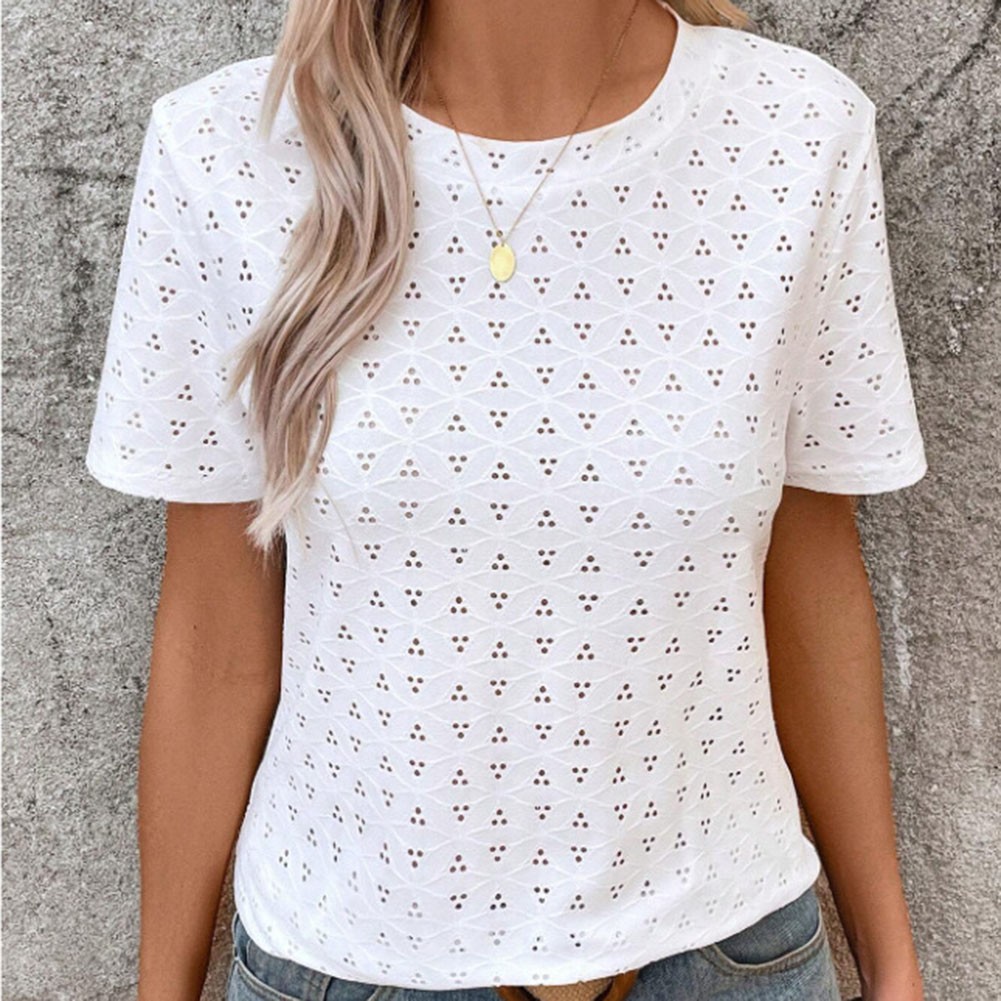 Classic Women's Casual T Shirt Hollowed Out Short Sleeve Round Neck Fashion - Picture 14 of 62