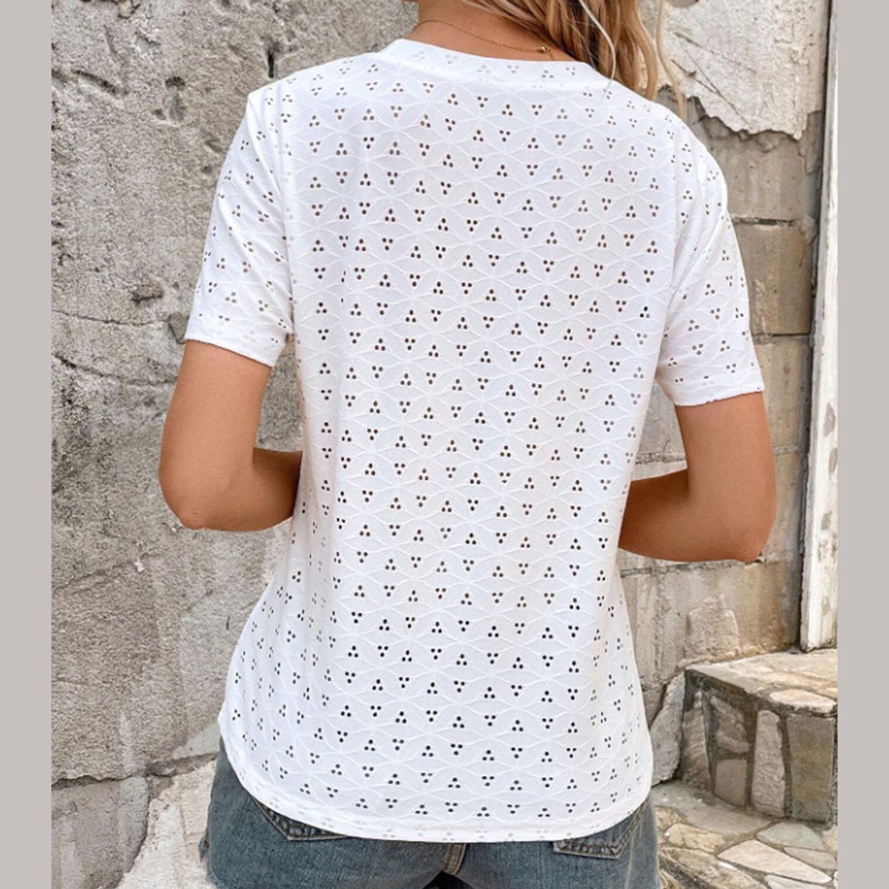 Classic Women's Casual T Shirt Hollowed Out Short Sleeve Round Neck Fashion - Picture 21 of 62
