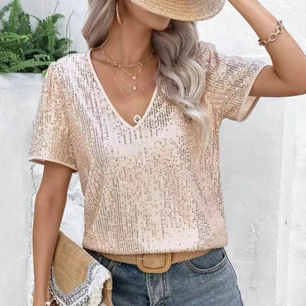 Comfortable Polyester T Shirt for Women V Neck Solid Color and Sequins - Picture 20 of 44