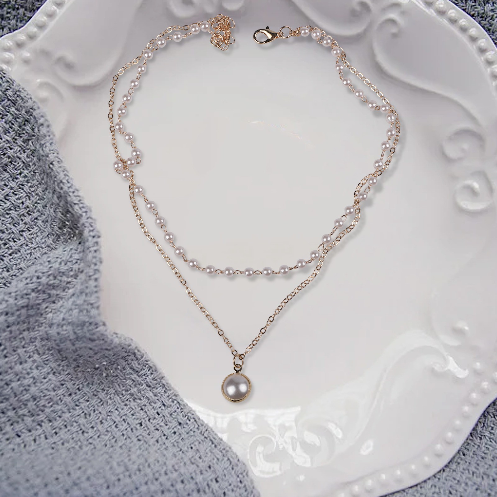 Trendy Double Pearl Pendant Necklace for Women Collarbone Chain Accessory - Picture 18 of 22