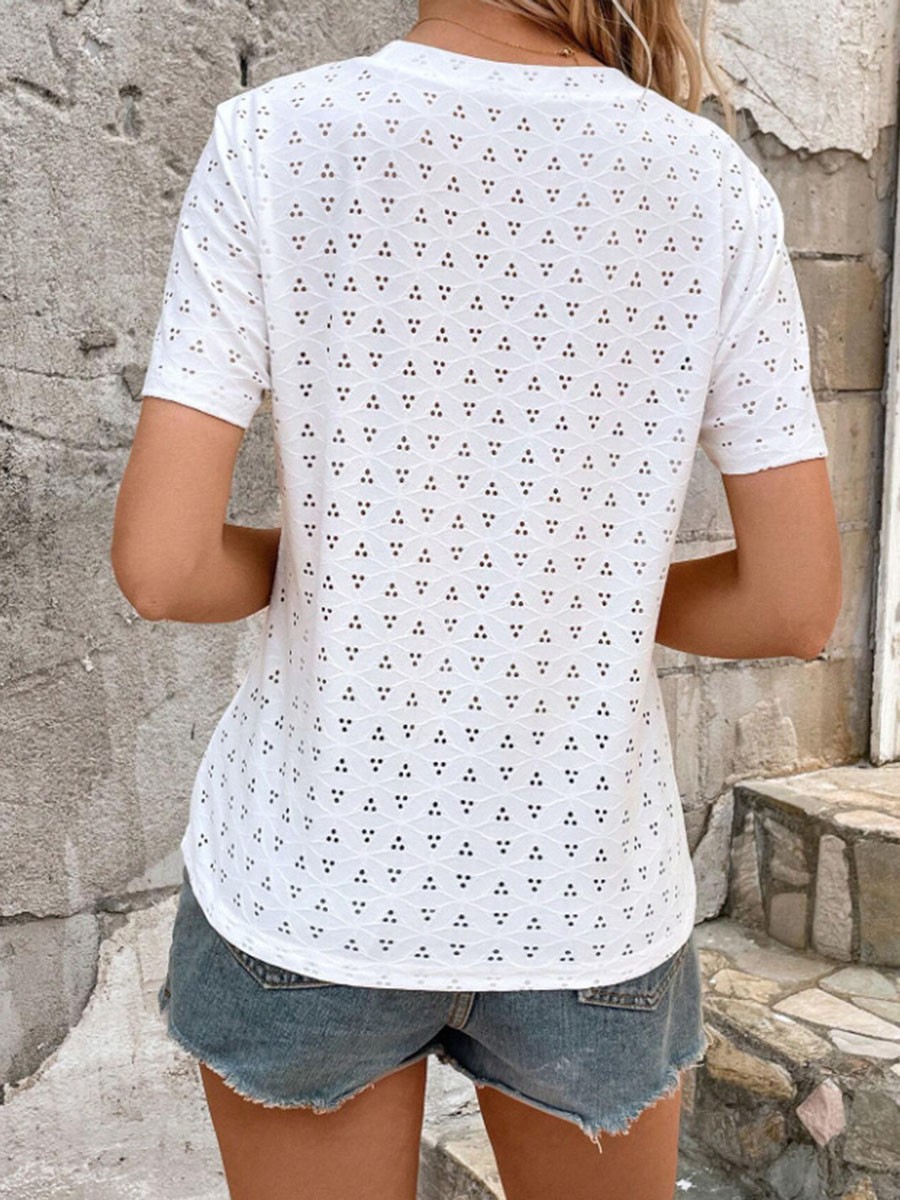 Classic Women's Casual T Shirt Hollowed Out Short Sleeve Round Neck Fashion - Picture 16 of 62