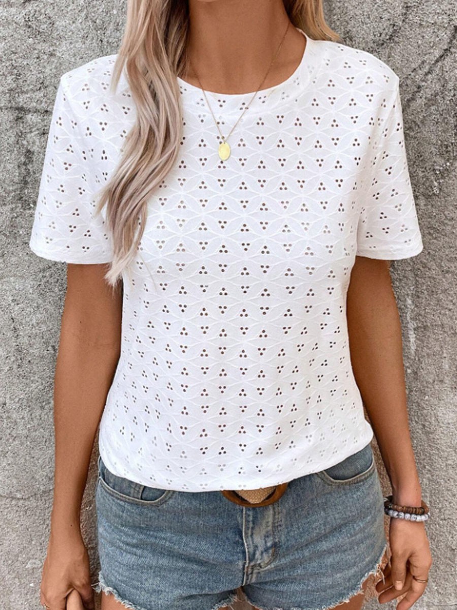 Classic Women's Casual T Shirt Hollowed Out Short Sleeve Round Neck Fashion - Picture 15 of 62
