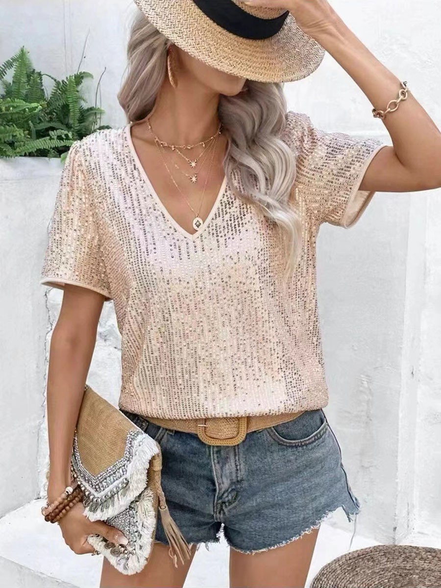 Comfortable Polyester T Shirt for Women V Neck Solid Color and Sequins - Picture 14 of 44