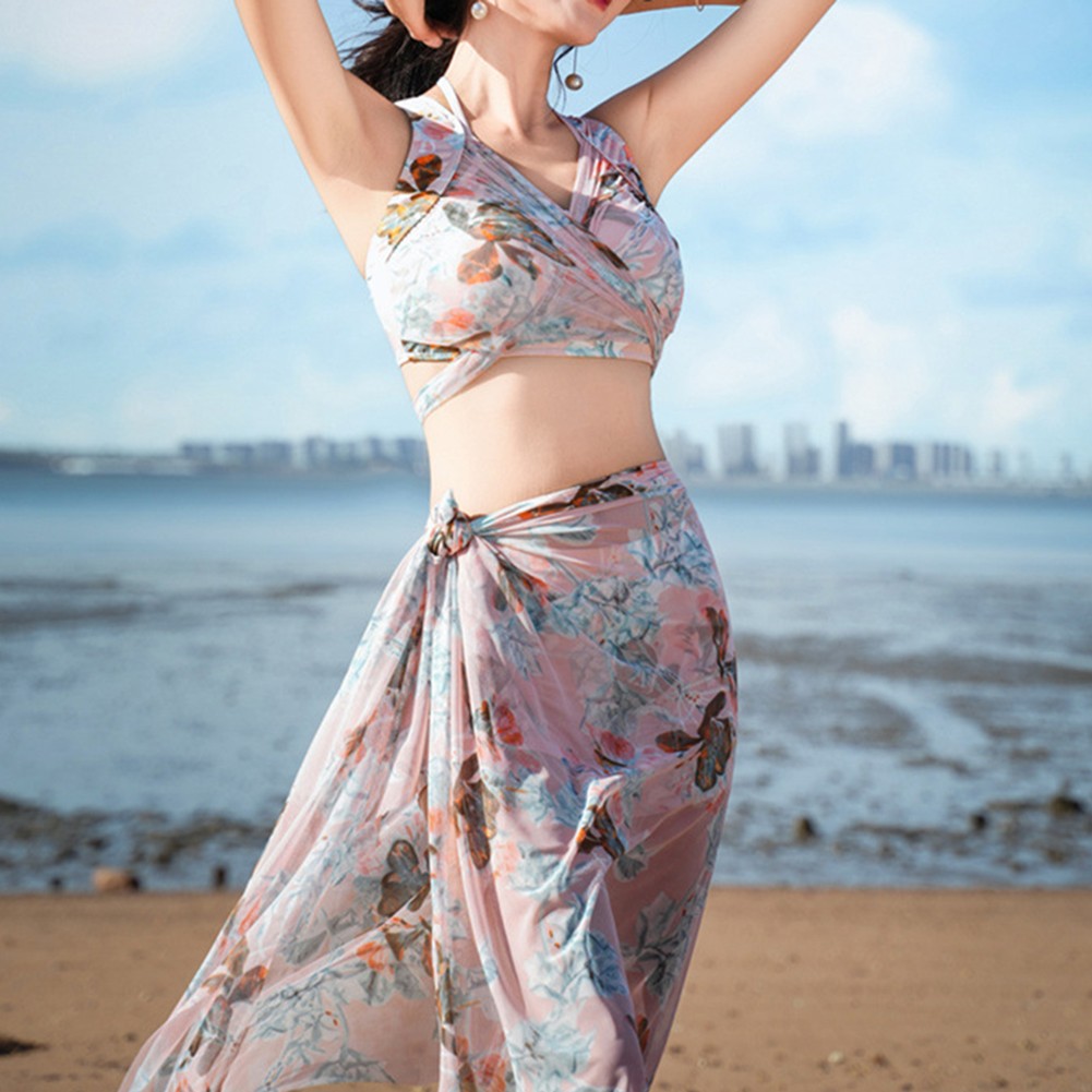 Printed Swimwear Beach Dress for Women with Ruffle Edges and Backless Look