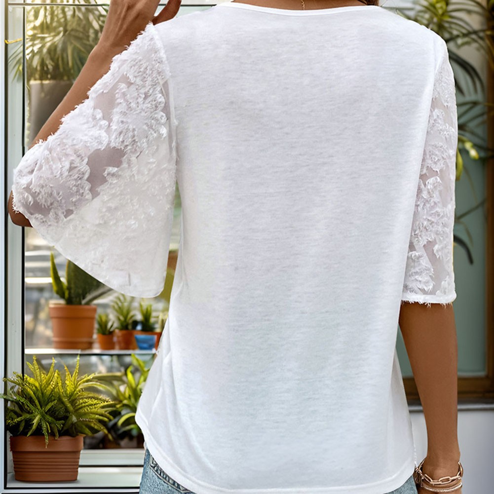 Vneck T shirt featuring lace patchwork flared sleeves for casual style - Picture 30 of 66