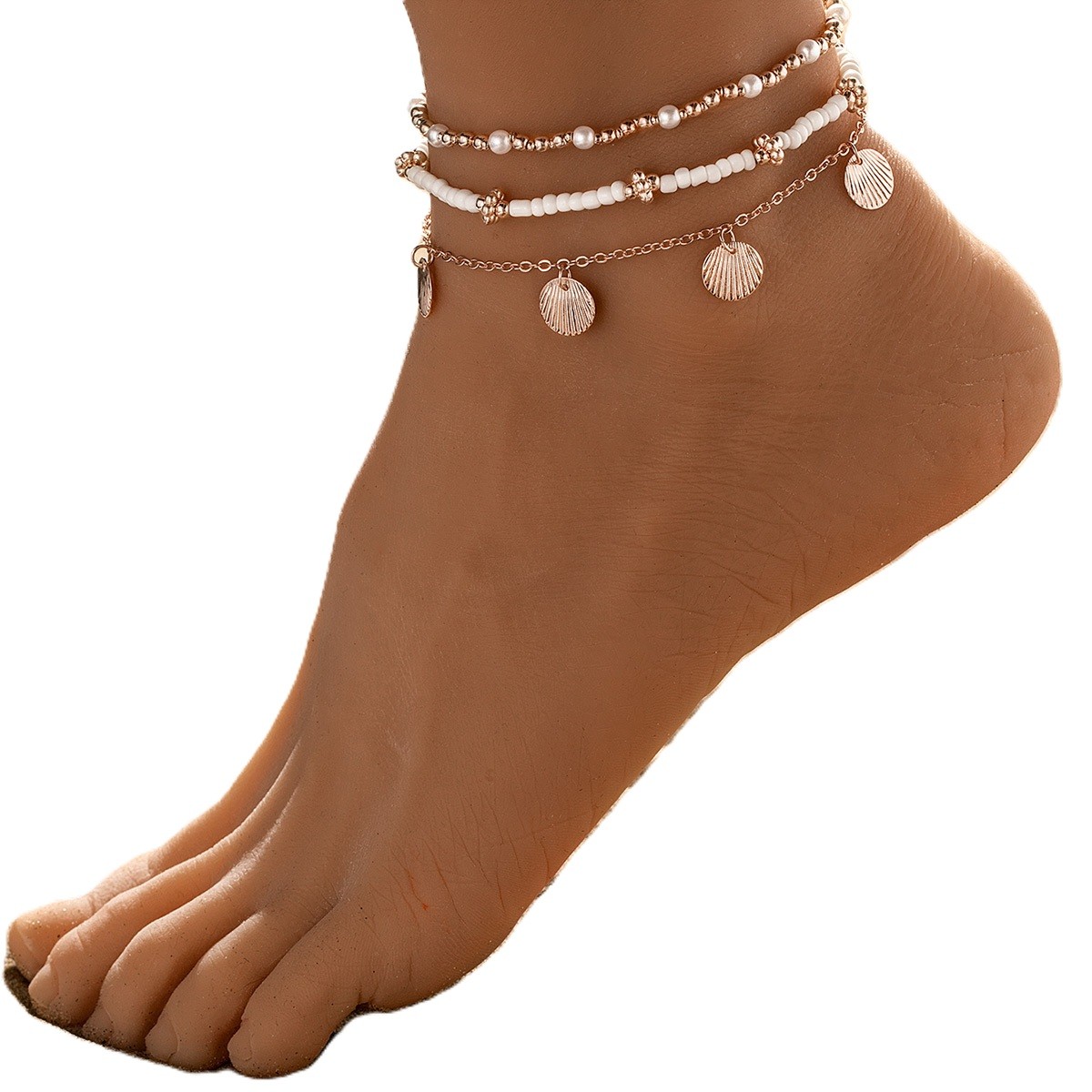 Stylish Ankle Bracelet Set Bohemian Scallop and Pearl Design in 3 Pieces - Picture 7 of 15