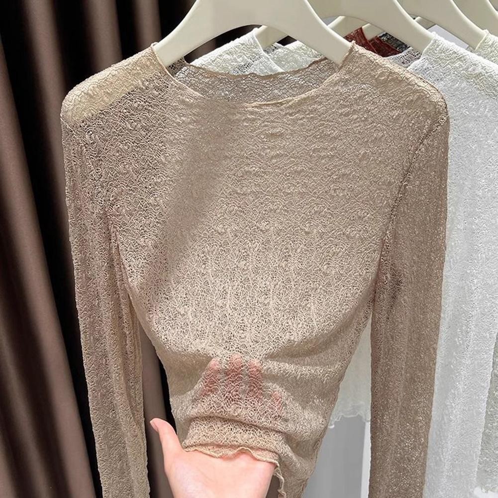Trendy Women's Hollow Lace Long Sleeve Top in Solid Color for Daily Wear