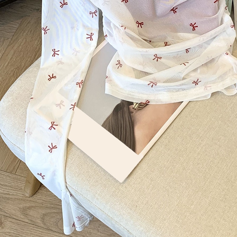 Women Summer Bow Print Casual T Shirt and Halter Vest with Long Sleeves - Picture 31 of 49