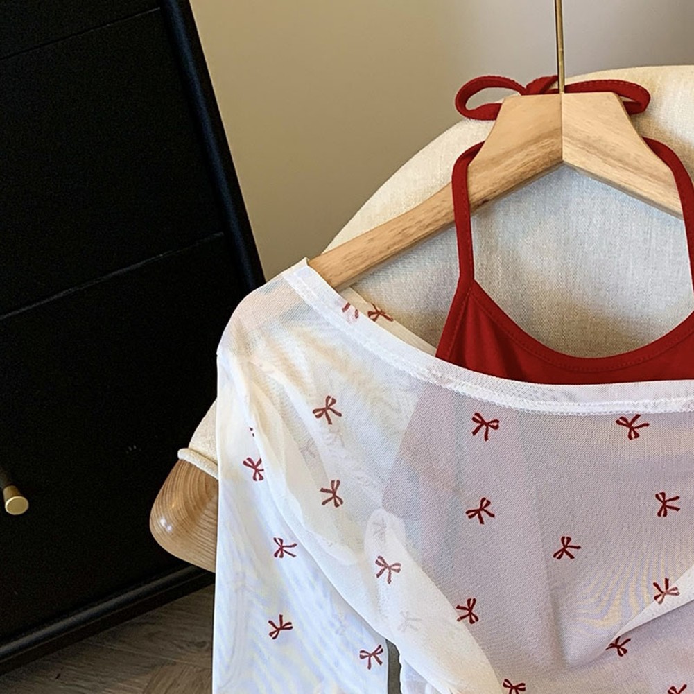 Women Summer Bow Print Casual T Shirt and Halter Vest with Long Sleeves - Picture 34 of 49