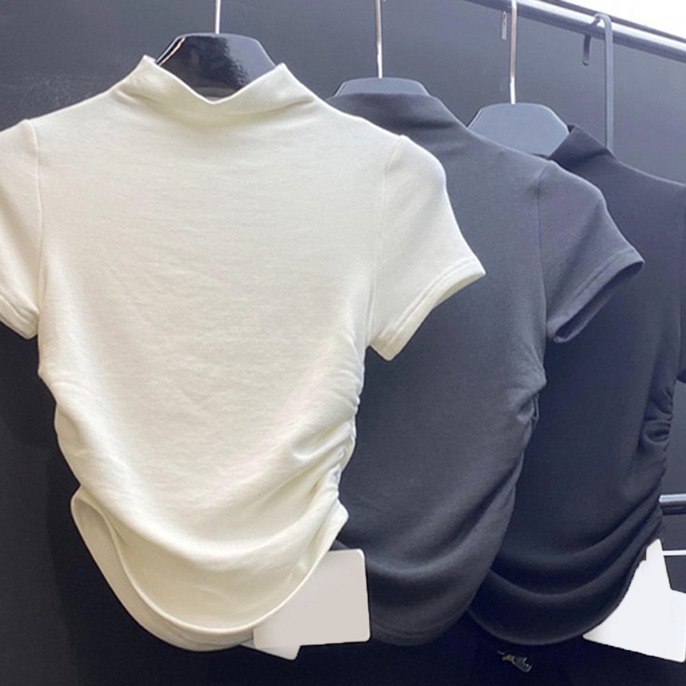 T-shirt donna estive moda collo alto manica corta crop top essenziali - Foto 18 di 24