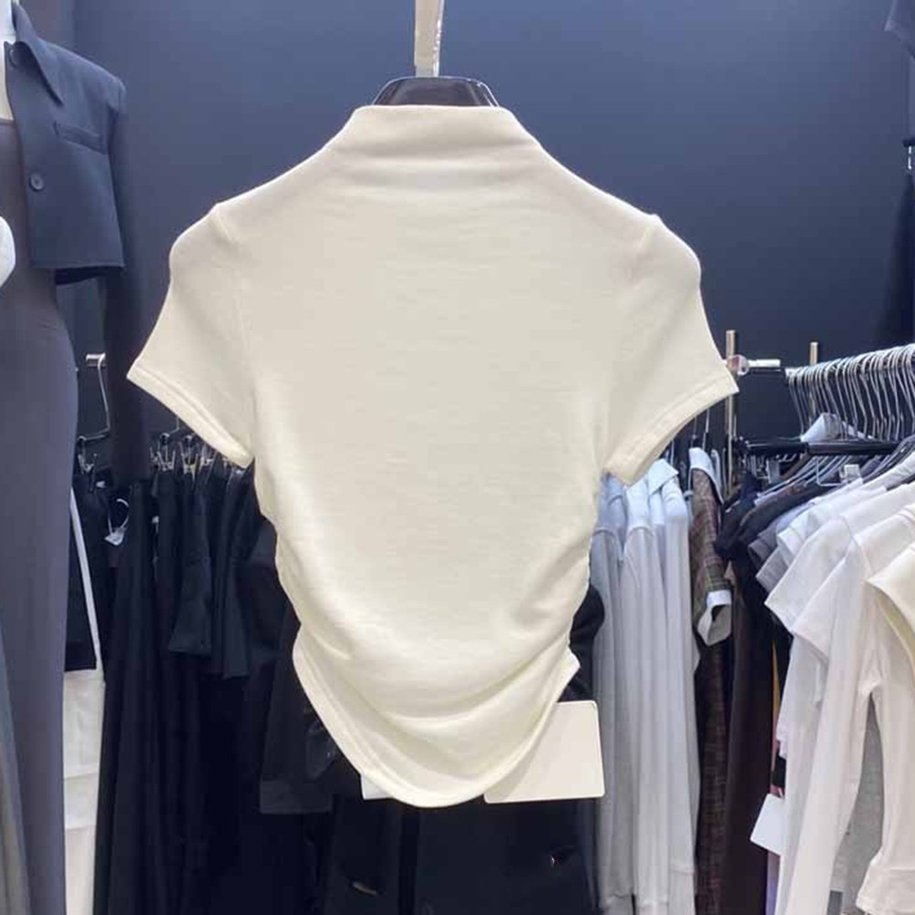 T-shirt donna estive moda collo alto manica corta crop top essenziali - Foto 15 di 24