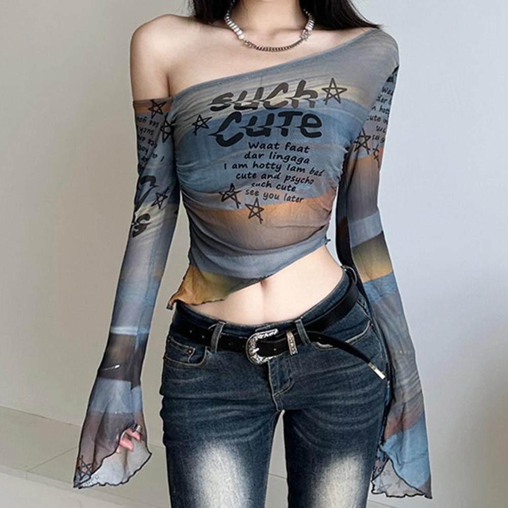 Modern Women's Slanted Neck Long Sleeve Shirt with Mesh Back for Summer