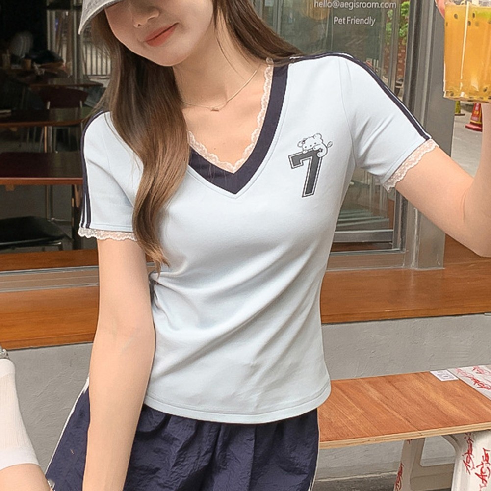 Womens T shirt with Lace Patchwork and V Neck Short Sleeves in Pink Blue - Picture 19 of 20