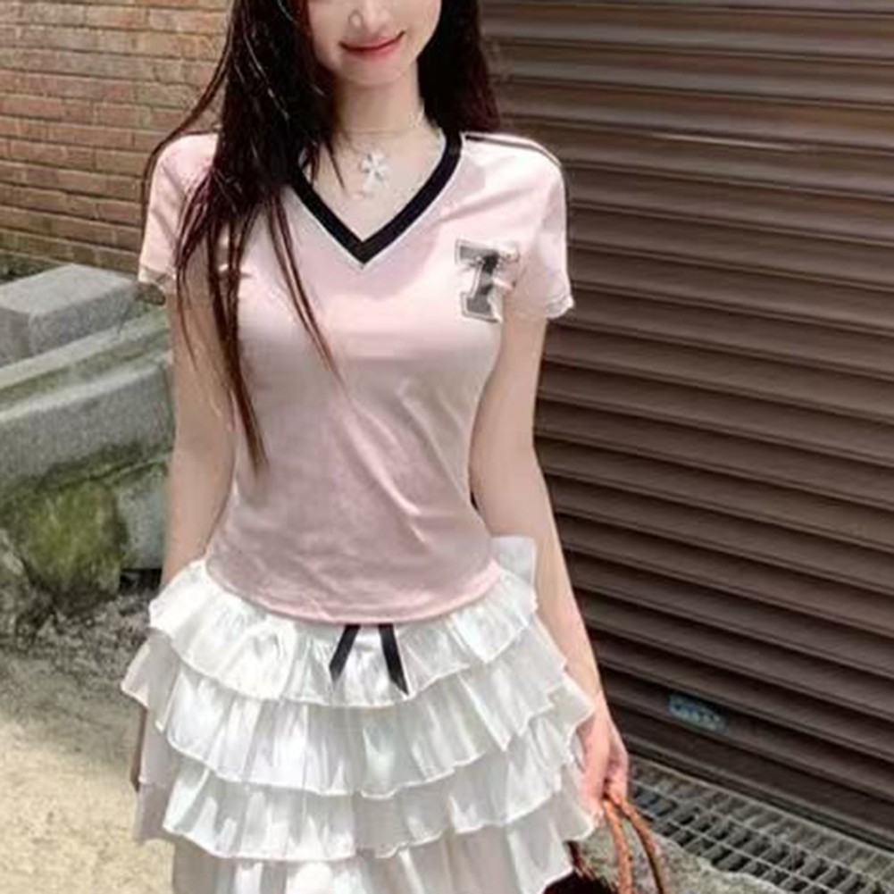 Womens T shirt with Lace Patchwork and V Neck Short Sleeves in Pink Blue - Picture 15 of 20
