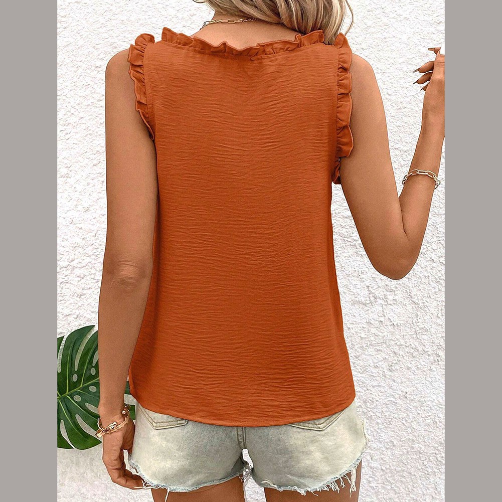 Loose fit sleeveless vest with V neck For and ruffles for women in solid colors - Picture 53 of 88