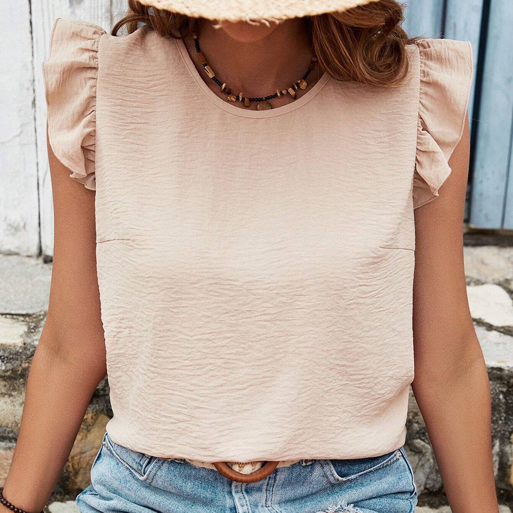 Loose Fit Women's Round Neck Vest with Ruffles and Bows in Solid Color - Picture 39 of 71