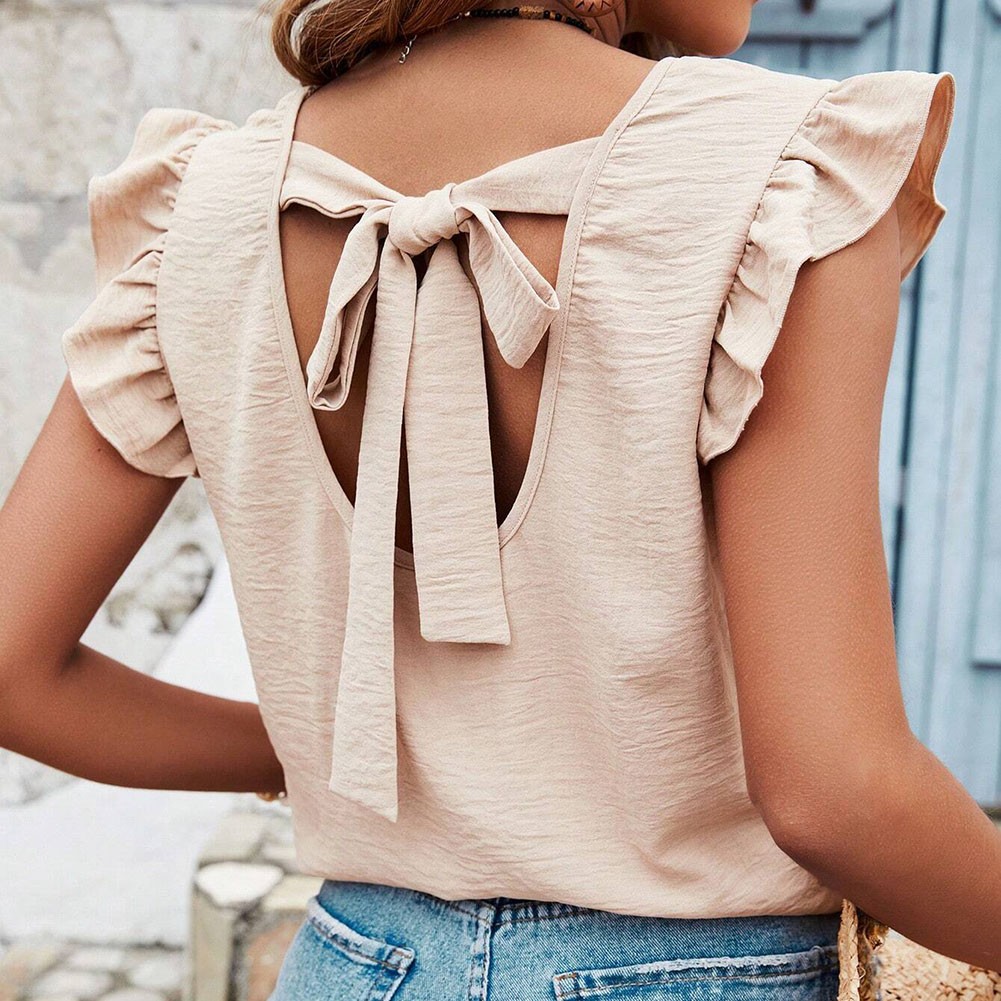 Loose Fit Women's Round Neck Vest with Ruffles and Bows in Solid Color - Picture 38 of 71