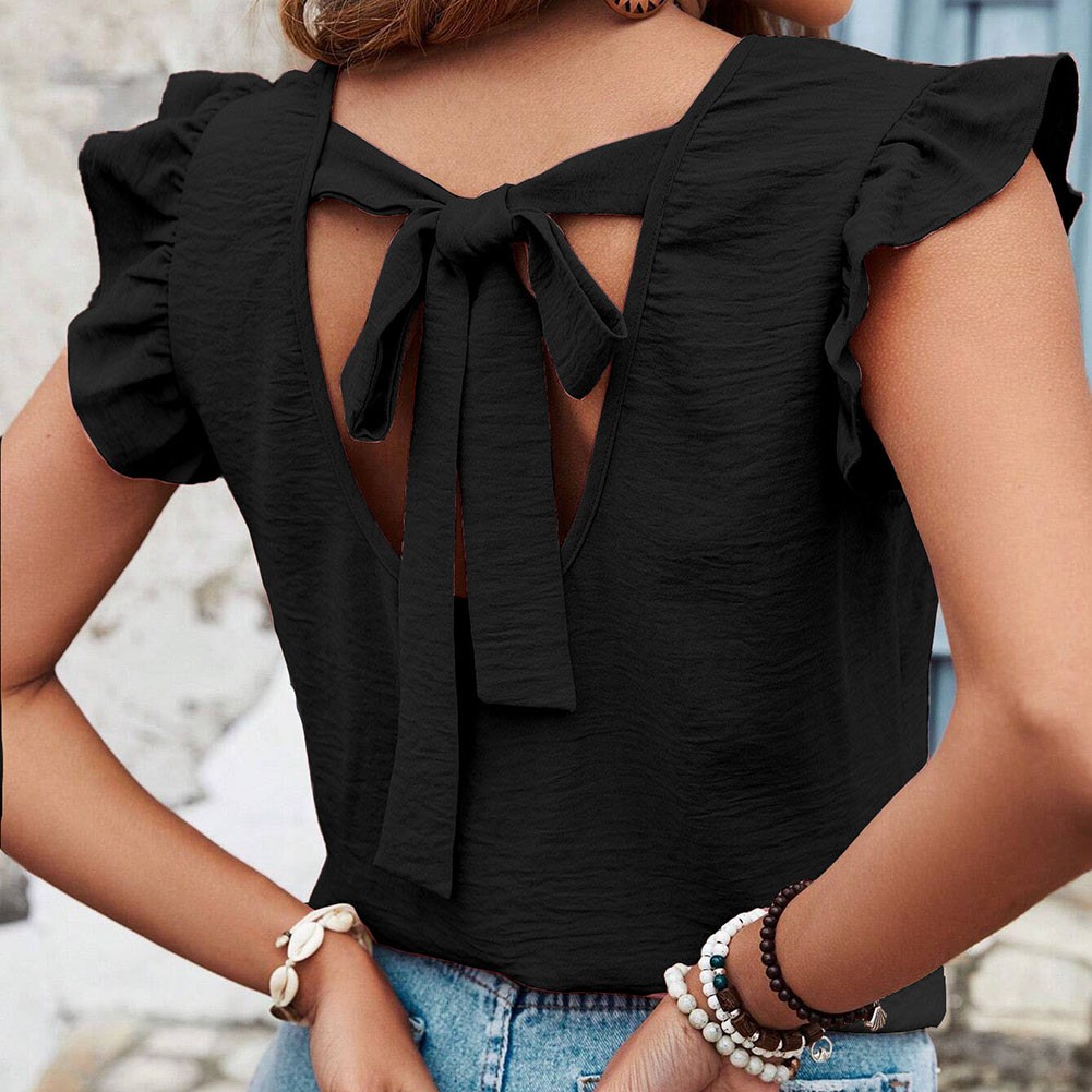 Loose Fit Women's Round Neck Vest with Ruffles and Bows in Solid Color - Picture 68 of 71