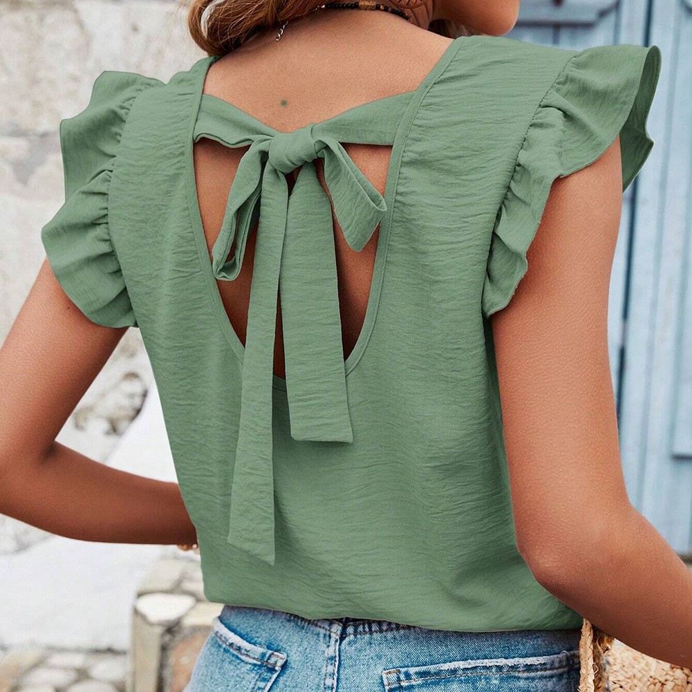 Loose Fit Women's Round Neck Vest with Ruffles and Bows in Solid Color - Picture 42 of 71
