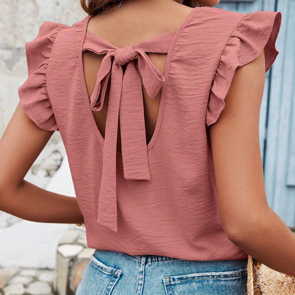 Loose Fit Women's Round Neck Vest with Ruffles and Bows in Solid Color - Picture 24 of 71