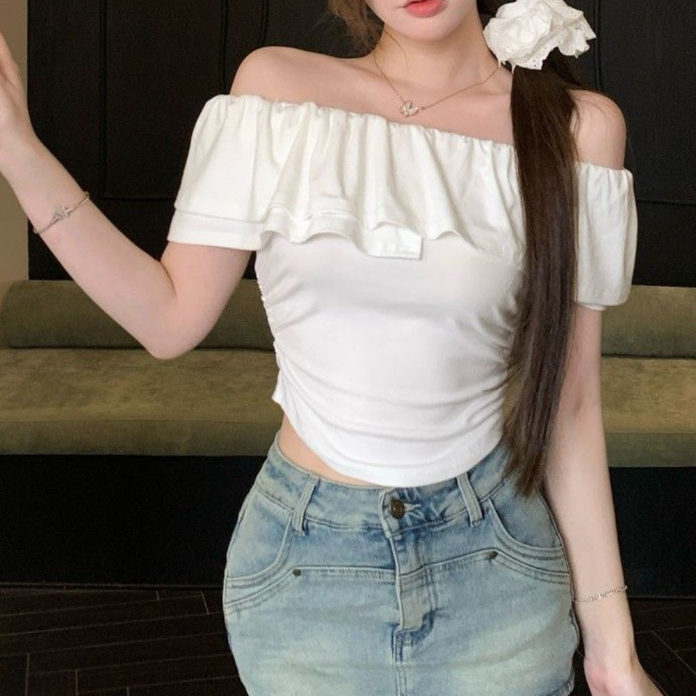 Chic Summer Off Shoulder T Shirt with Ruffles for Women Everyday Style - Picture 18 of 37