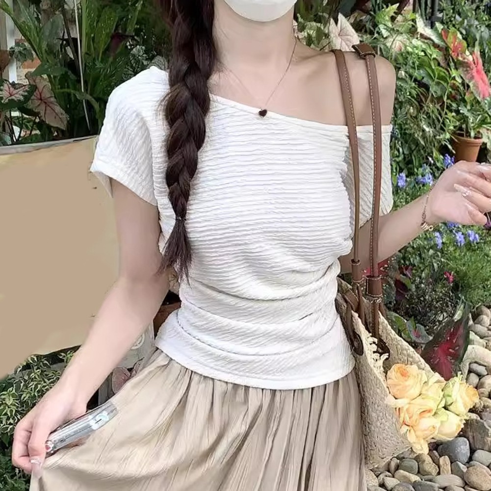 Summer Women Elegant Top Off Shoulder Pleated Short Sleeve T Shirt Fashion - Picture 22 of 38