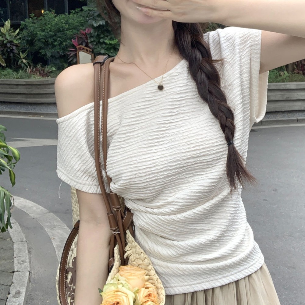 Summer Women Elegant Top Off Shoulder Pleated Short Sleeve T Shirt Fashion - Picture 21 of 38