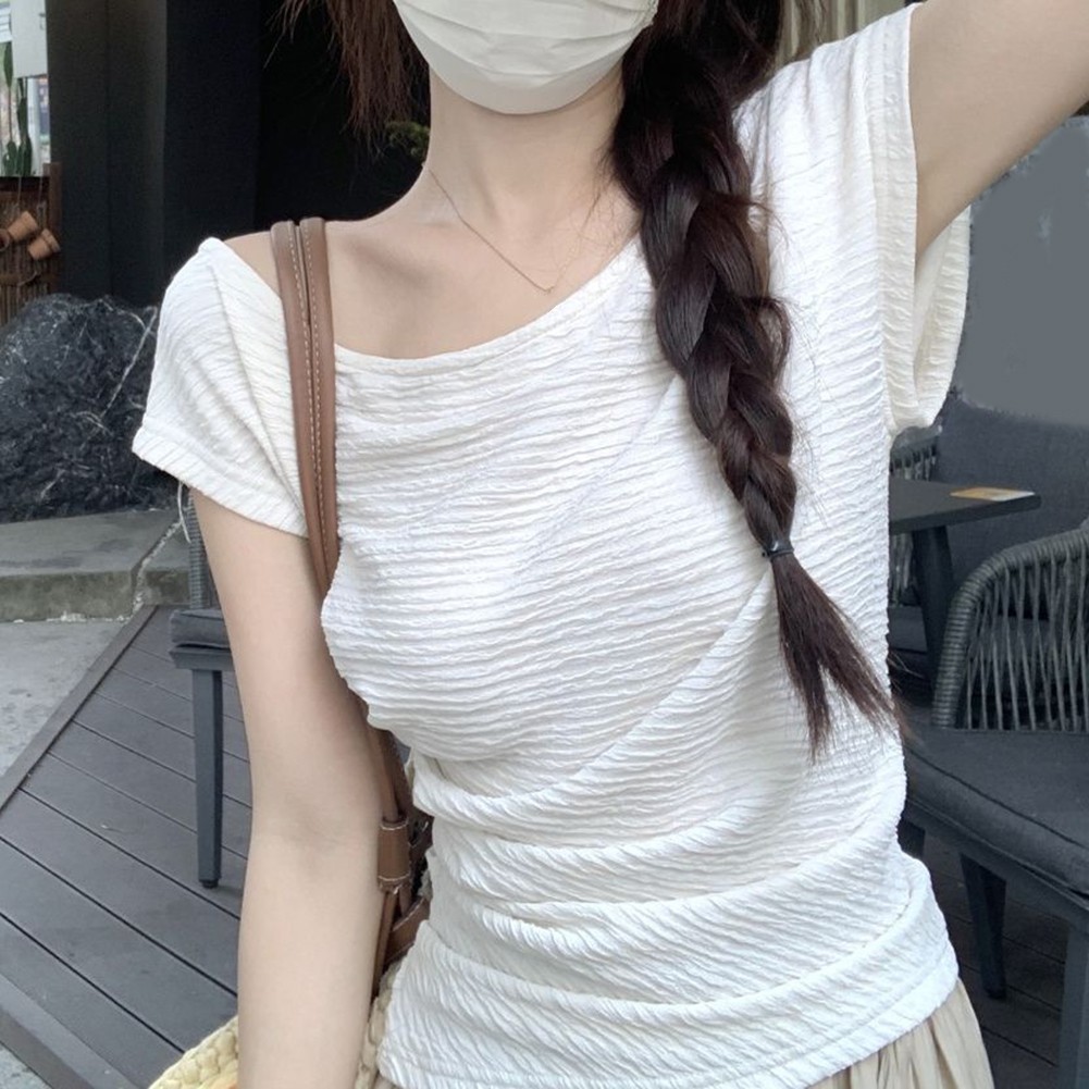 Summer Women Elegant Top Off Shoulder Pleated Short Sleeve T Shirt Fashion - Picture 25 of 38