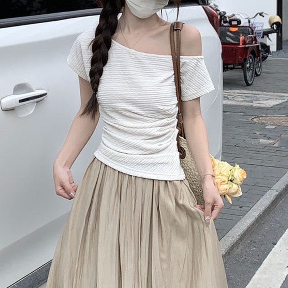 Summer Women Elegant Top Off Shoulder Pleated Short Sleeve T Shirt Fashion - Picture 24 of 38