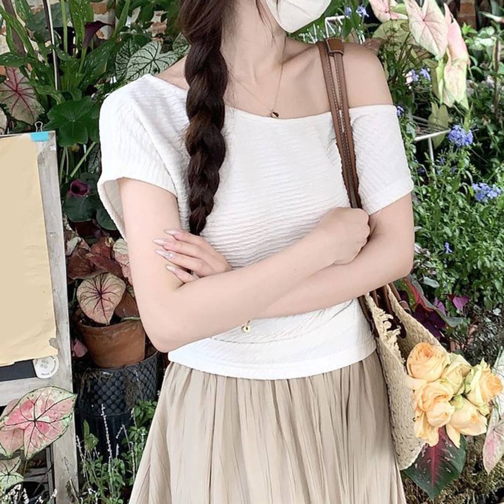 Summer Women Elegant Top Off Shoulder Pleated Short Sleeve T Shirt Fashion - Picture 23 of 38