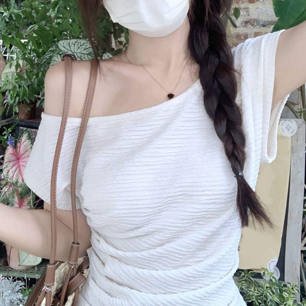 Summer Women Elegant Top Off Shoulder Pleated Short Sleeve T Shirt Fashion - Picture 27 of 38