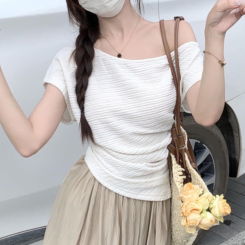 Summer Women Elegant Top Off Shoulder Pleated Short Sleeve T Shirt Fashion - Picture 28 of 38