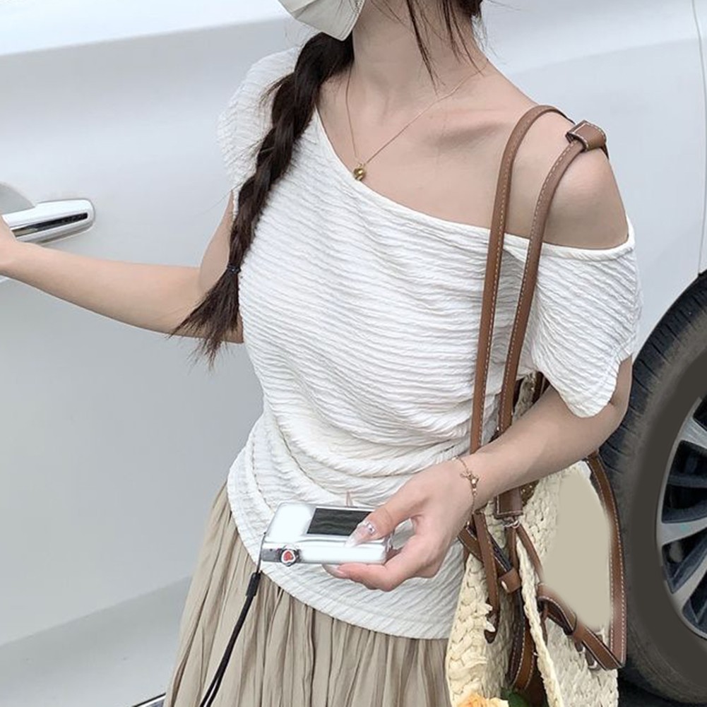 Summer Women Elegant Top Off Shoulder Pleated Short Sleeve T Shirt Fashion - Picture 26 of 38