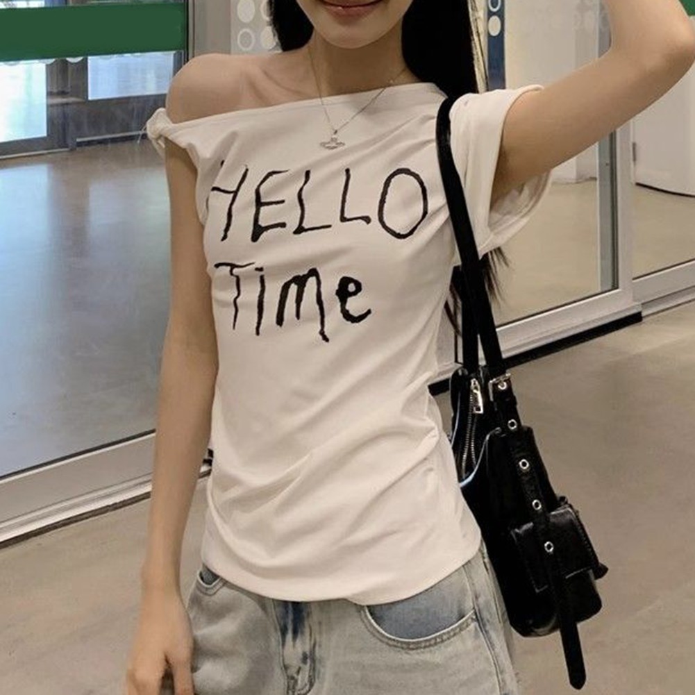 Summer Women Slim Fit Off Shoulder T Shirt with Letter Print for Casual Wear - Picture 28 of 29