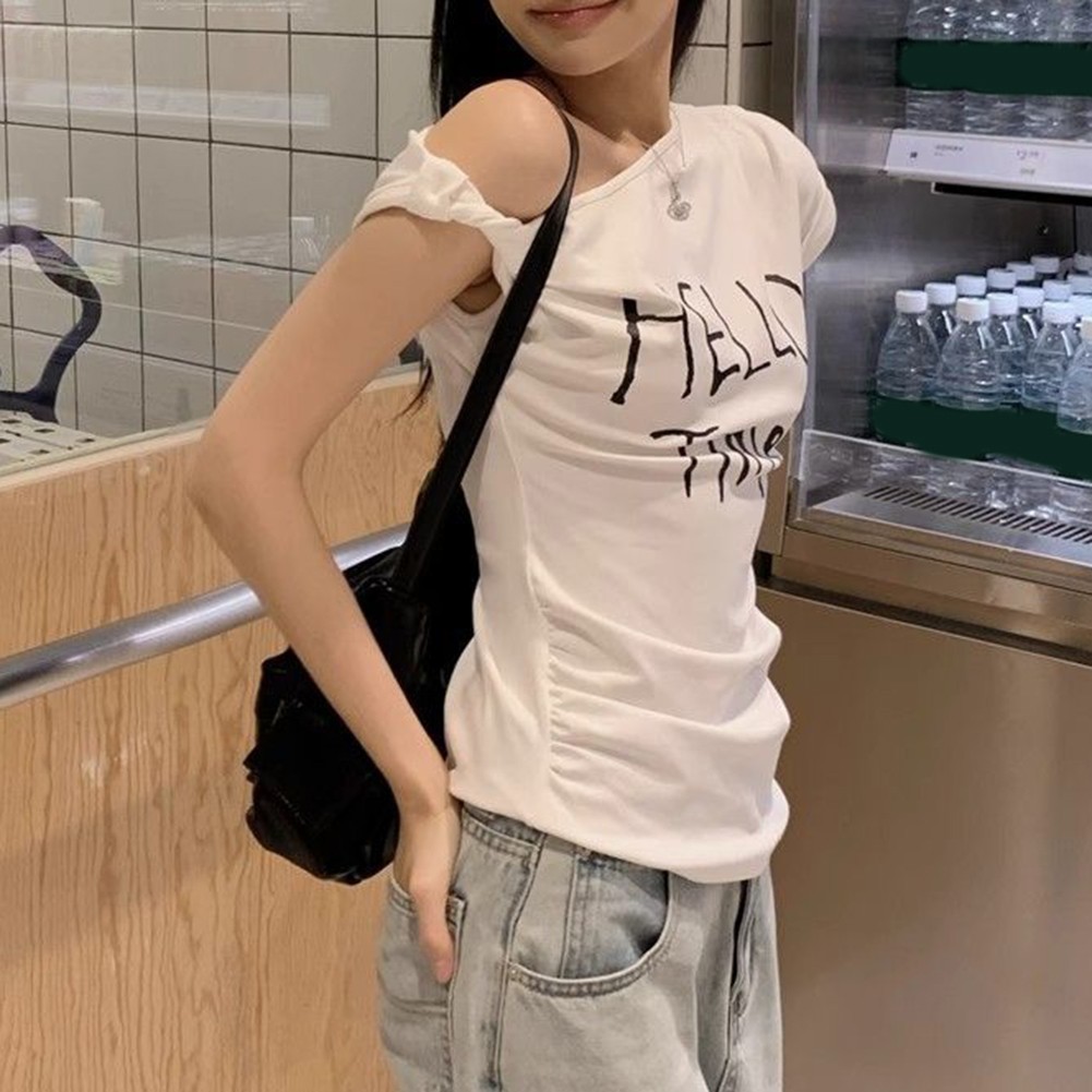 Summer Women Slim Fit Off Shoulder T Shirt with Letter Print for Casual Wear - Picture 27 of 29