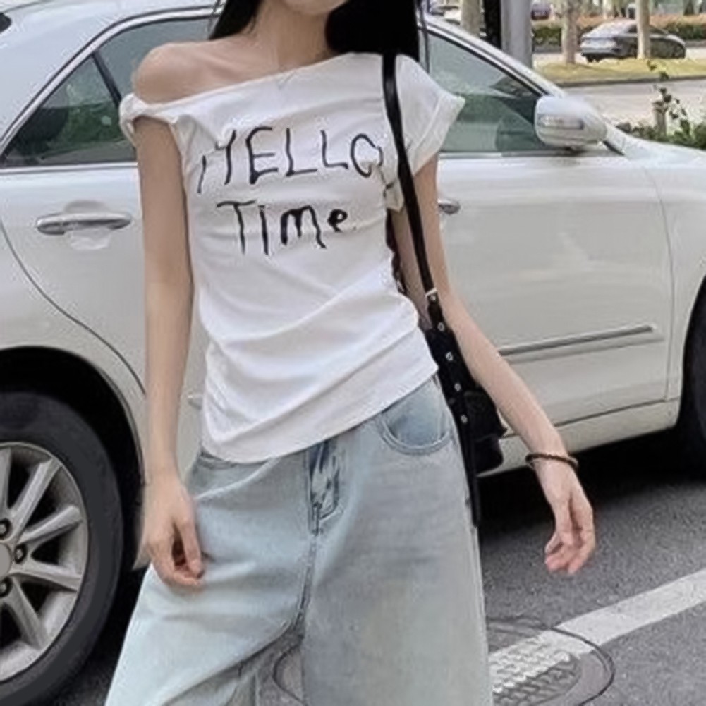 Summer Women Slim Fit Off Shoulder T Shirt with Letter Print for Casual Wear - Picture 19 of 29